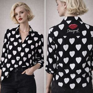 Desigual Black White Heart Print Button-Down Blouse M Artsy Valentine